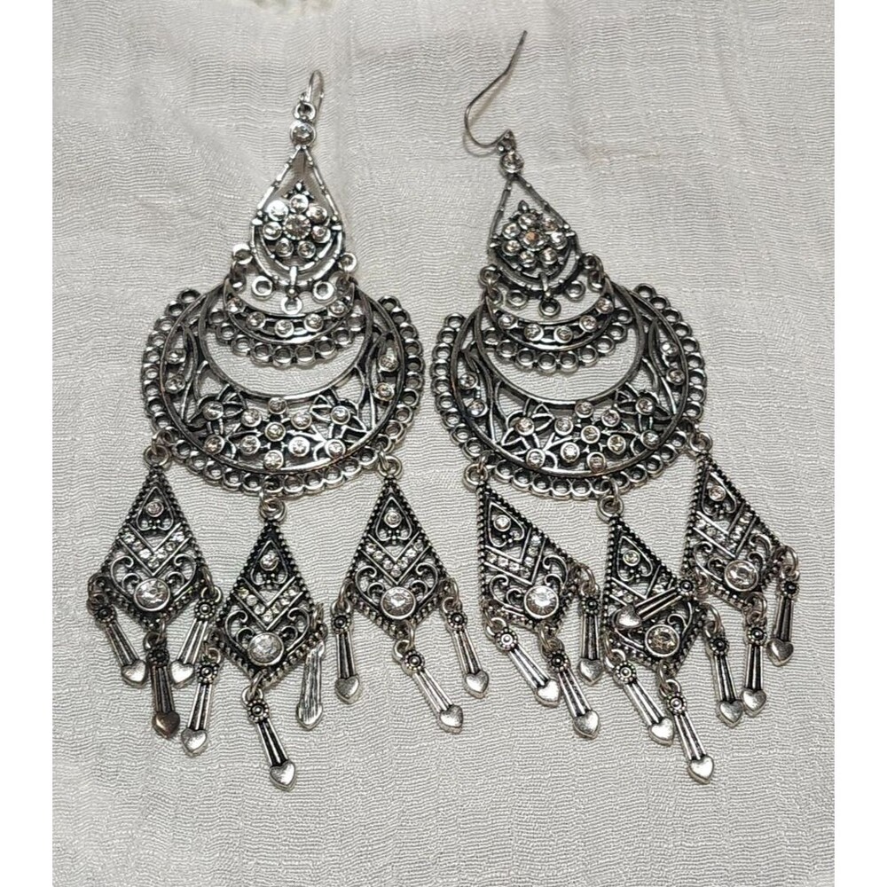 Dramatic Boho Chandelier Earrings Crystal Geometric Fringe 4 In. Statement Large